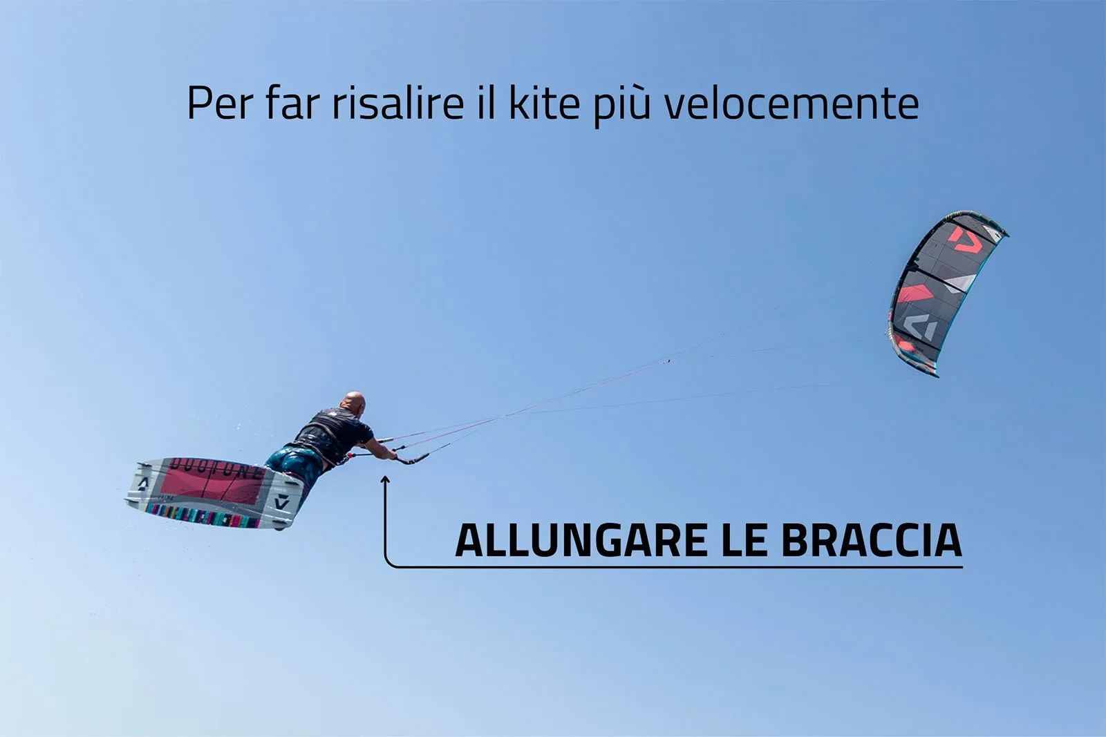 Allungare le braccia per far risalire il kite dopo il kiteloop